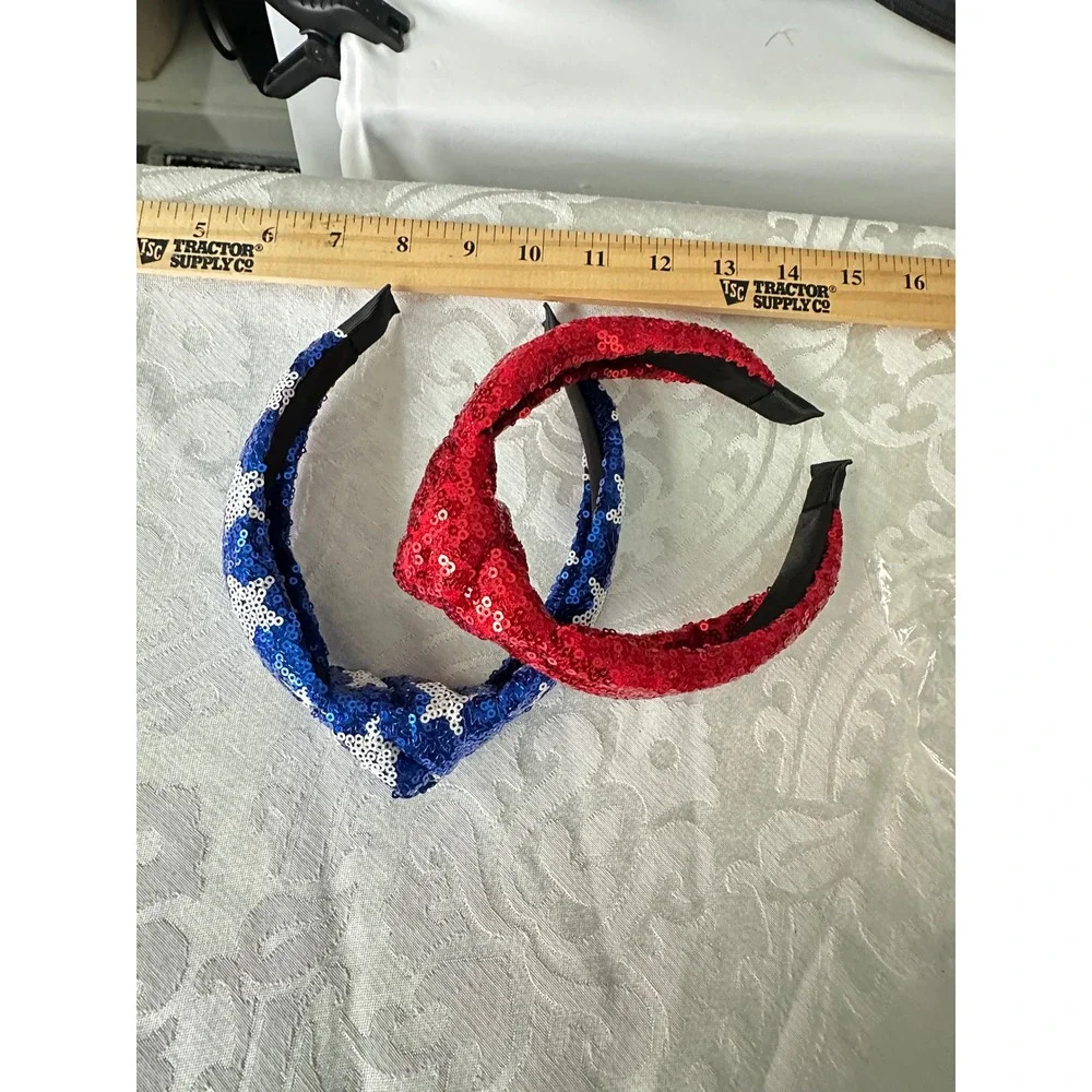 Kids Sequin Knot Headbands Red Blue Star Patriotic‎ Headwear Set